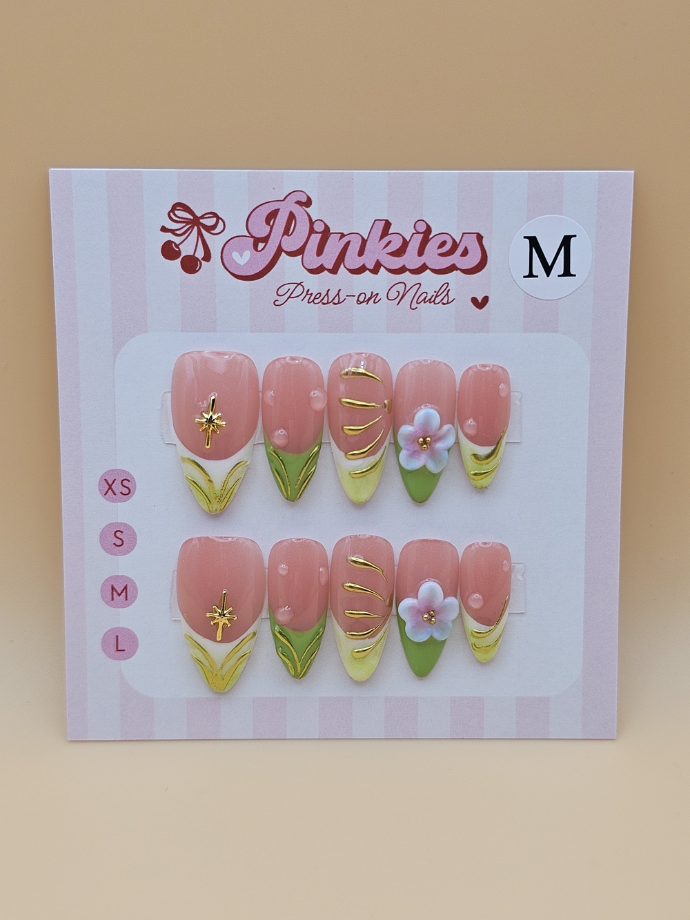 Press-on Nails Set 10pc Size M Almond Lime Yellowe Green French Tips 3D Flowers